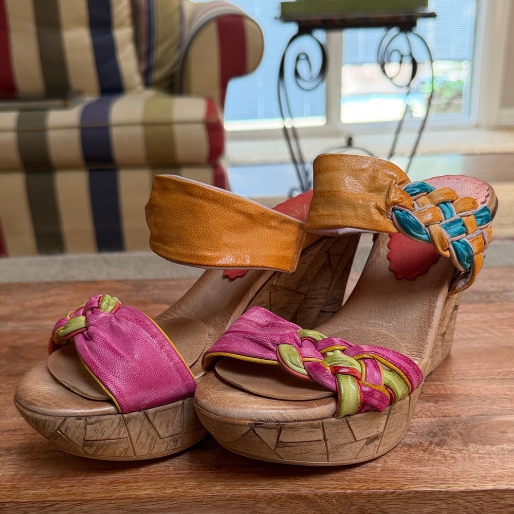 Colorful Braided Leather Wedge Sandals - Pink, Orange & Teal